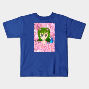 Manga girl with blue bird Kids T-Shirt